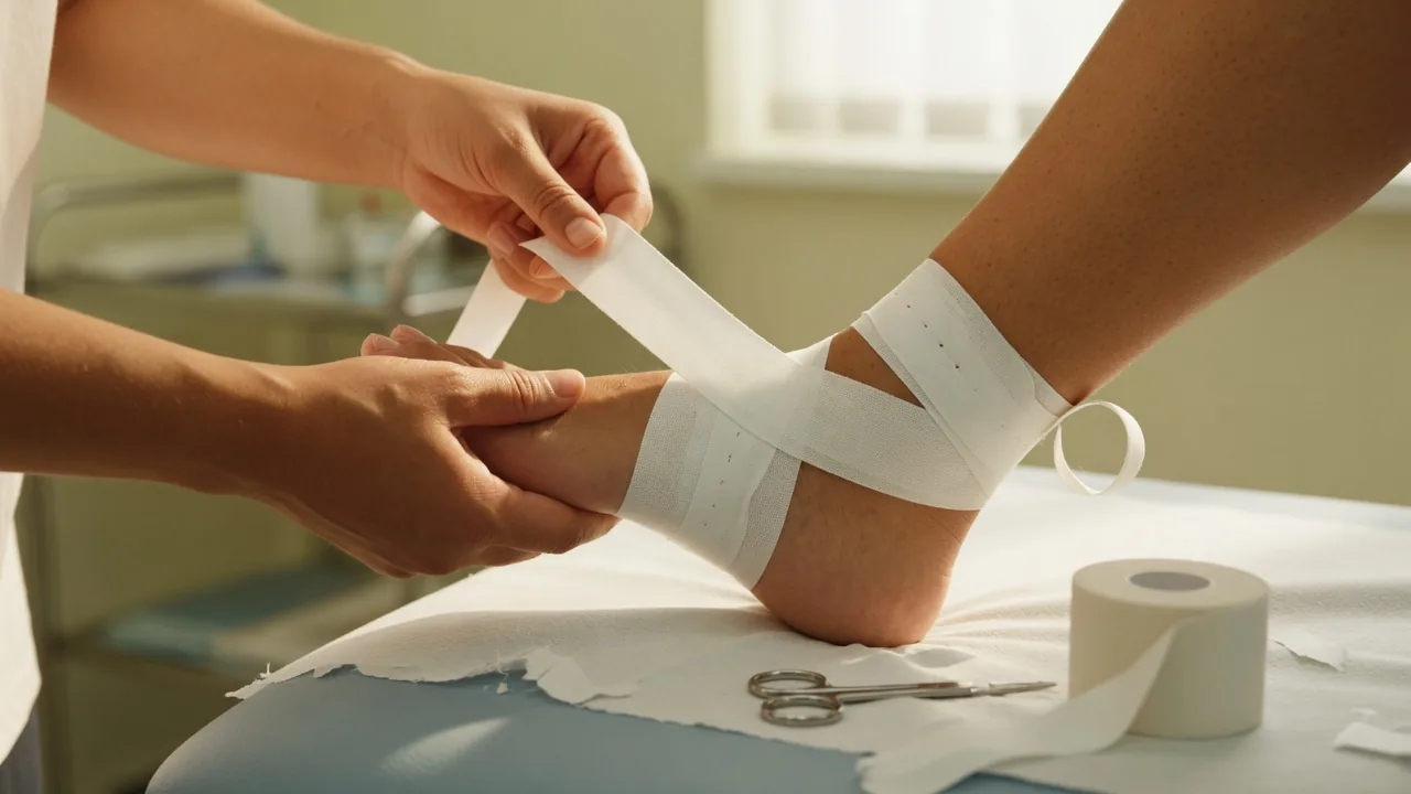 Ankle being strapped after a sprain
