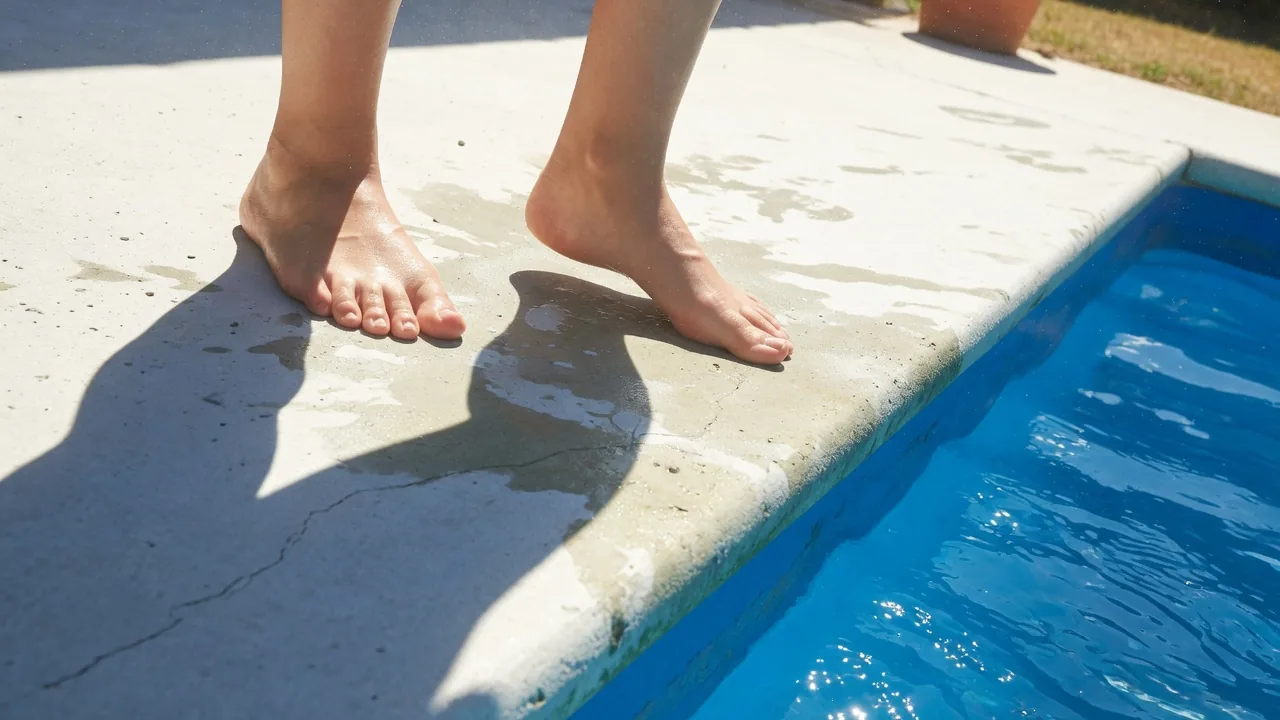 Bare feet on hot pool-side concrete on a summer day